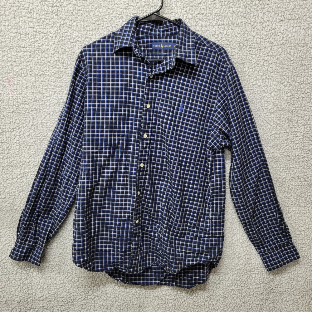 Ralph Lauren Mens Blue Black Plaid Cotton Button Down Shirt Size M Long Sleeve